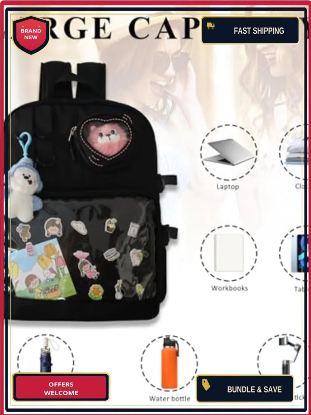 Nylon PVC Clear Window Backpack with Pin Display for School Travel Hiking